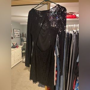 Backless black lace floral mini dress